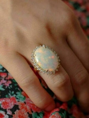 3.00CT Oval Cut Opal & Diamond Halo Classic Ring Engagement 14K Yellow Gold Over