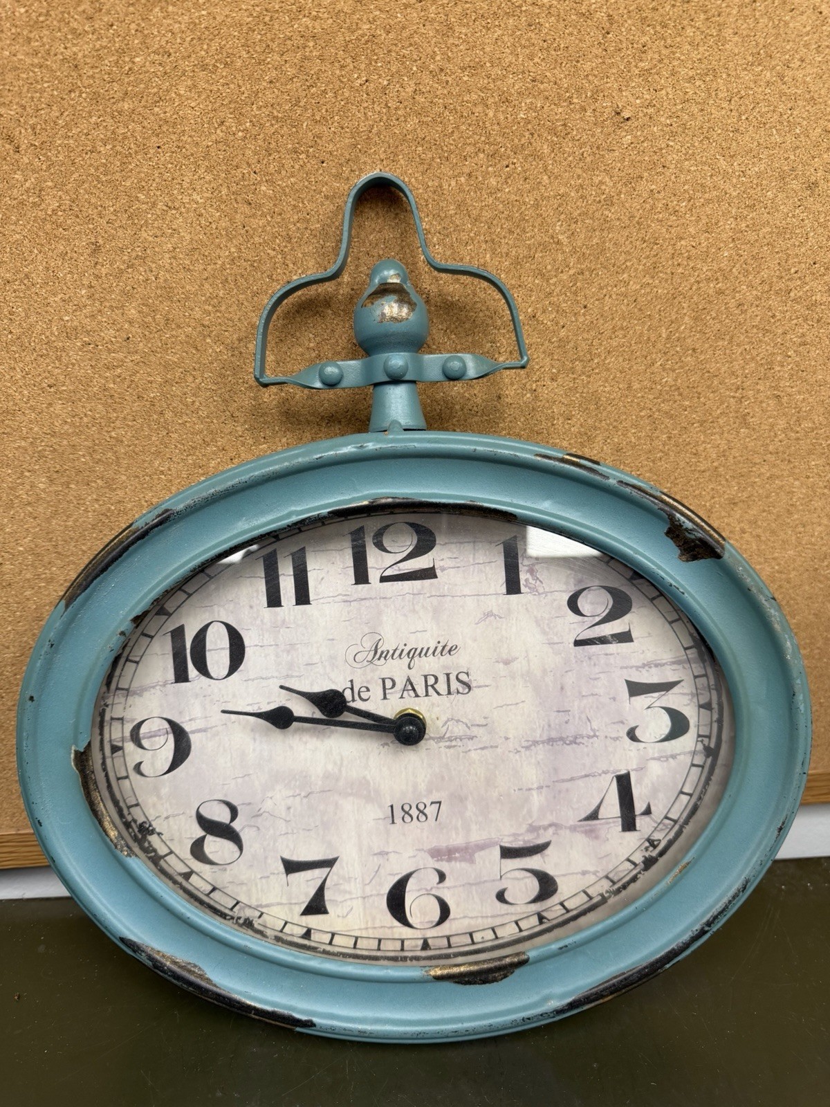 Distressed Antique Blue Oval Metal Clock-Paris-Battery Operated