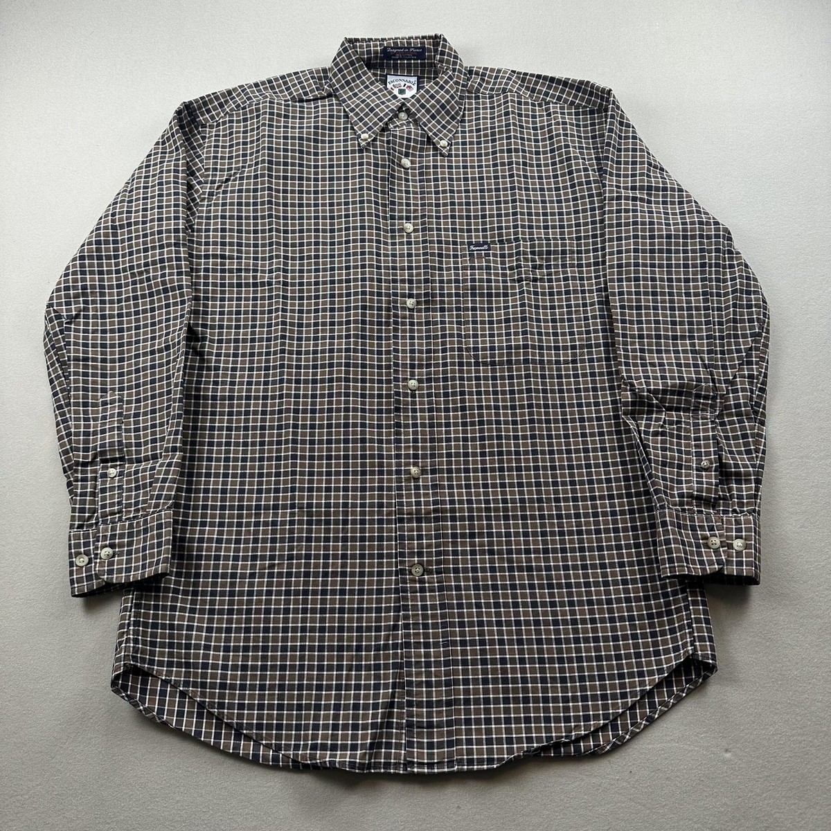 Faconnable Dress Shirt Men Medium Brown Checkered Button Down Long Sleeve  Cotton