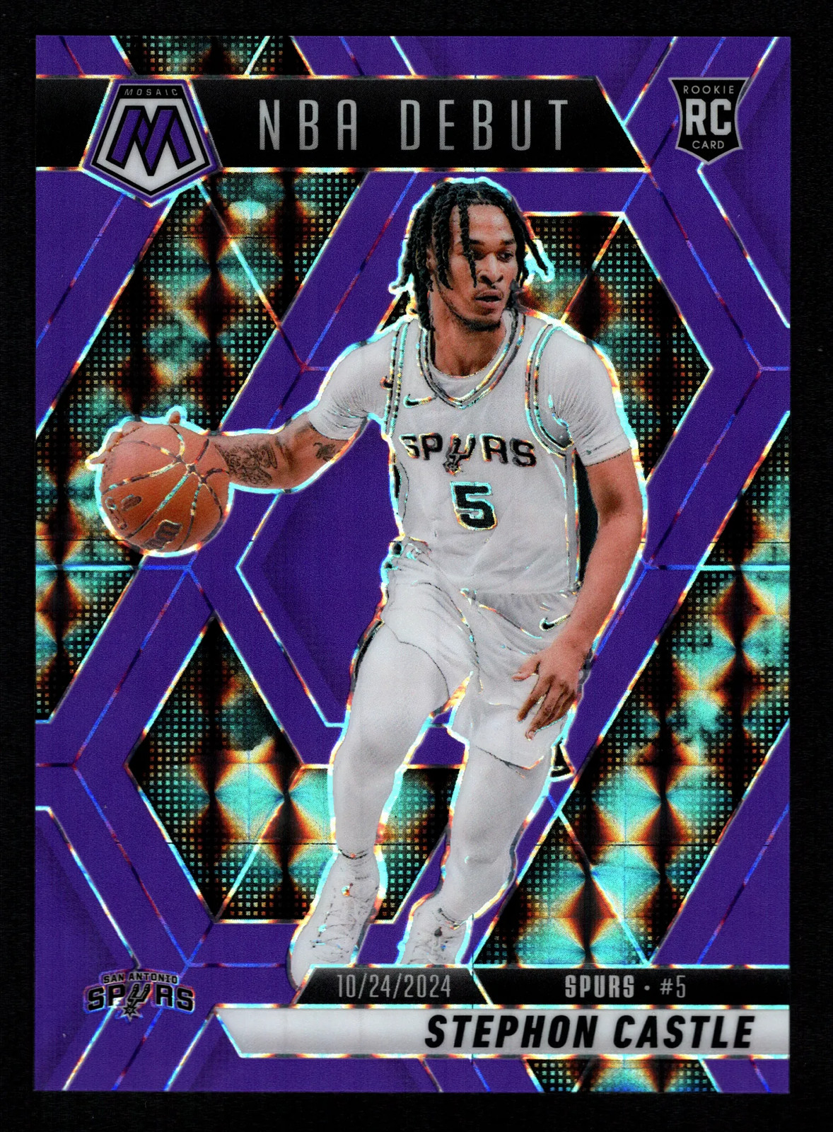 Stephon Castle 2024-25 Panini Mosaic #267 Purple Fluorescent /249 RC Spurs