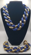 Vintage Ampco Acrylic Link Cobalt Blue & Gold Tone Statement Necklace & Bracelet