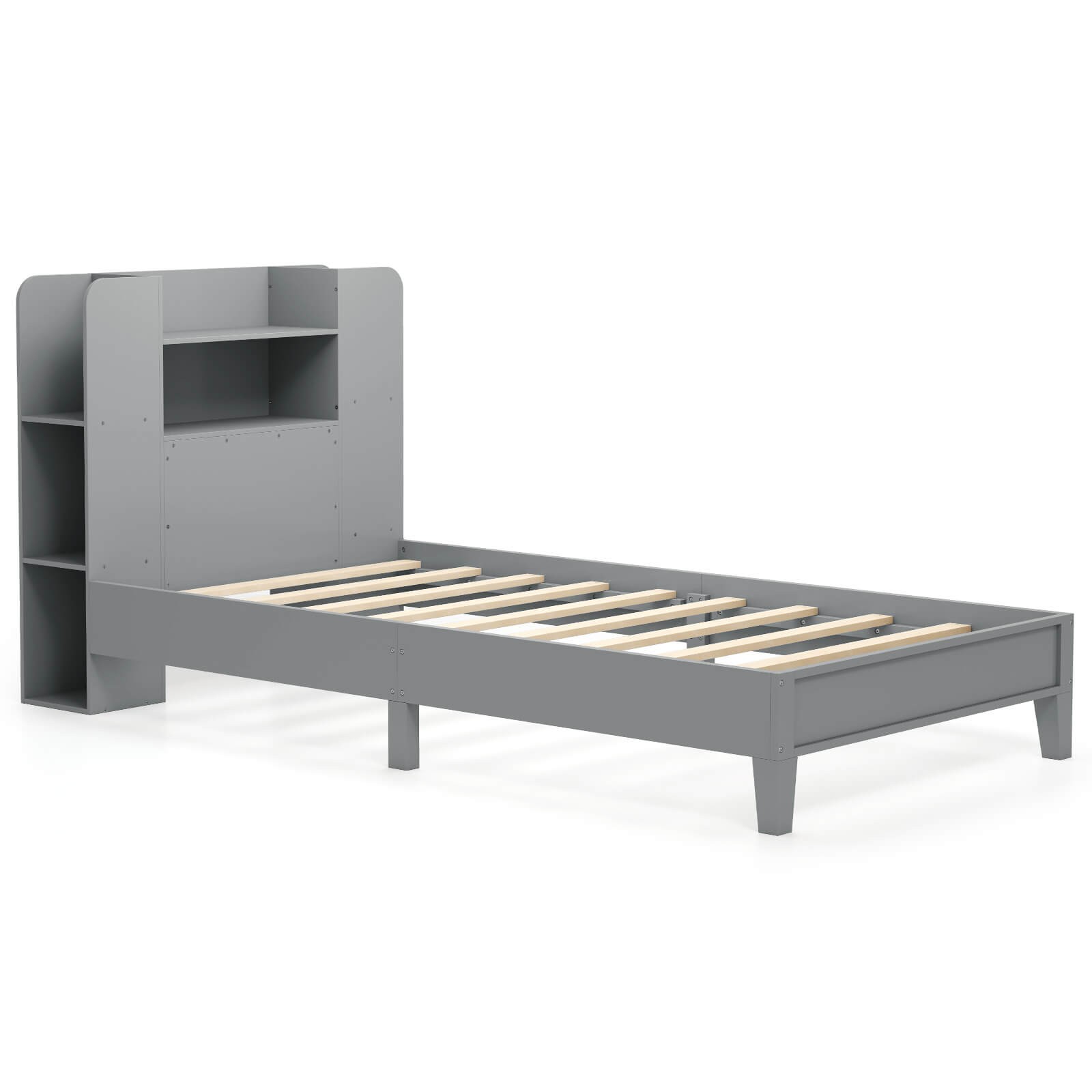 Wooden Platform Bed Kids Bed Frame With Bookcase Headboard