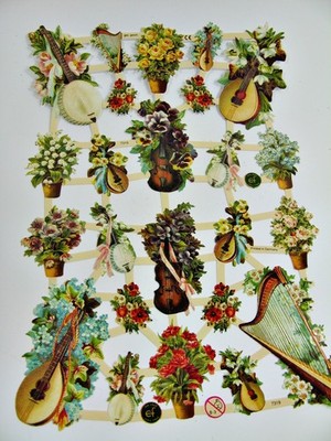 Oblaten - Bogen - 14 x Musikinstrumente und Blumen - Maße ca. 25 x 17 cm (13)