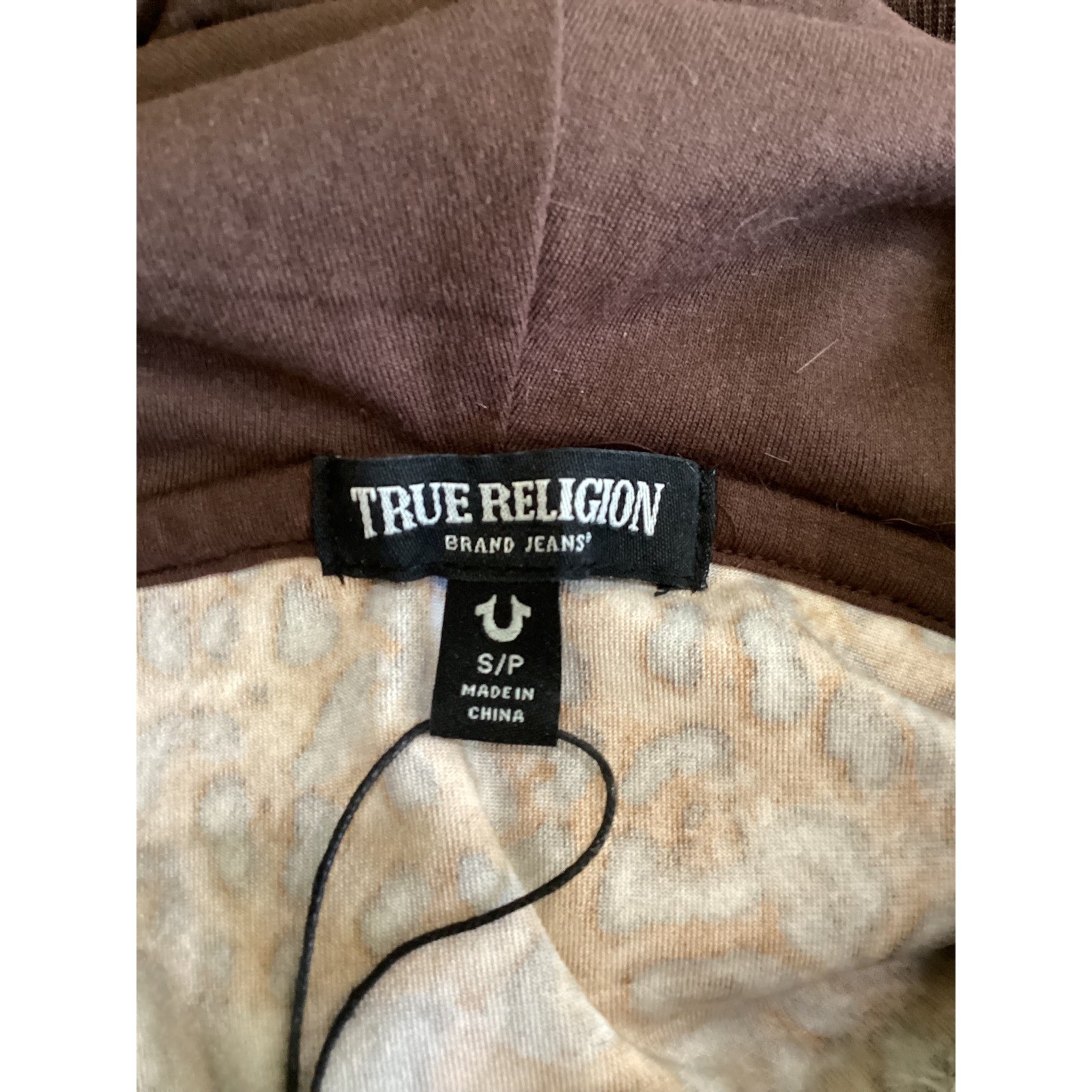 True Religion Leopard Crystal Velour Shrunken Hoodie Faux Fur Trim Brown Small image 7