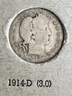 1914-D Barber Liberty Head Quarter 90% Silver Denver Mint US Coin Auction NR