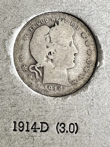 1914-D Barber Liberty Head Quarter 90% Silver Denver Mint US Coin Auction NR