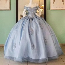 Glittering Light Blue Quinceanera Dresses Off-Shoulder Beading Lace BirthdayProm