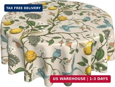 Blue Green Floral Bird Round Tablecloth 70 Inch Chinoiserie Yellow Lemon Flowers