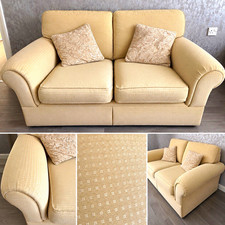 Beige 2 Seater Fabric Sofa Rolled Arms Woven Pattern Cushions 160x100cm
