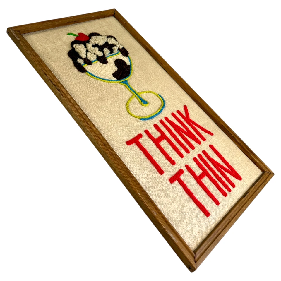 Vintage Framed Longstitch Embroidery Art Think Thin Dessert Diet Food Kitschy - Image 4 of 4