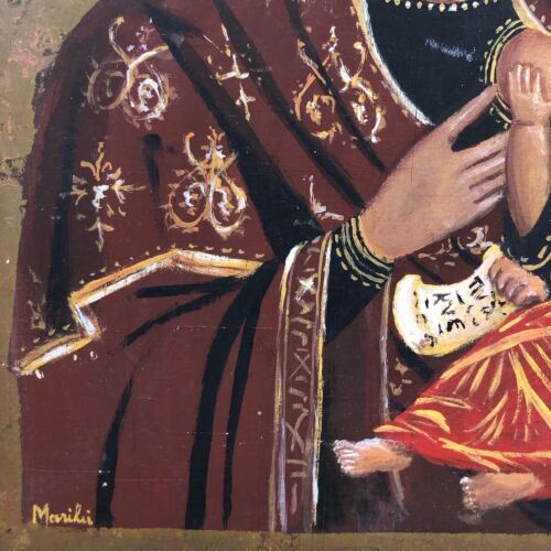 Quadro Icona Religiosa dipinto a olio su tavola vintage - Foto 9 di 11