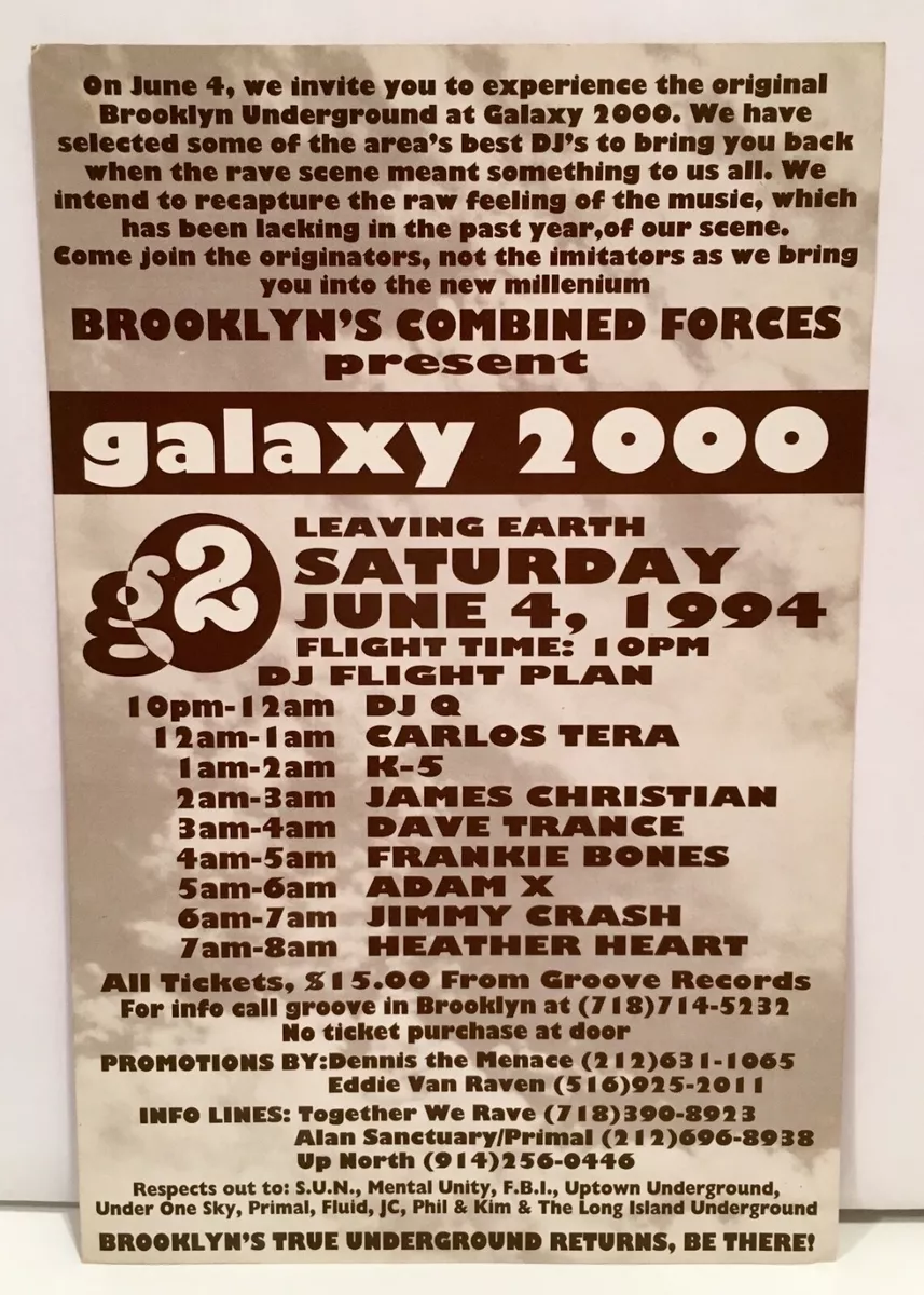SUPER RARE VINTAGE RAVE FLYER G2 GALAXY 2000 BROOKLYN NY JUNE 1994 ADAM X DJ Q !