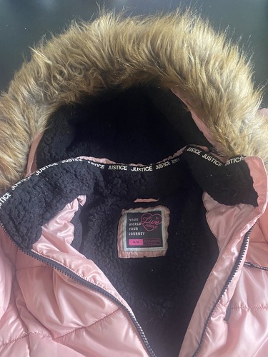 Justice Girls' Winter Puffer Pink Coat Faux Fur Lined Hood Size 14/16 - Picture 11 of 14