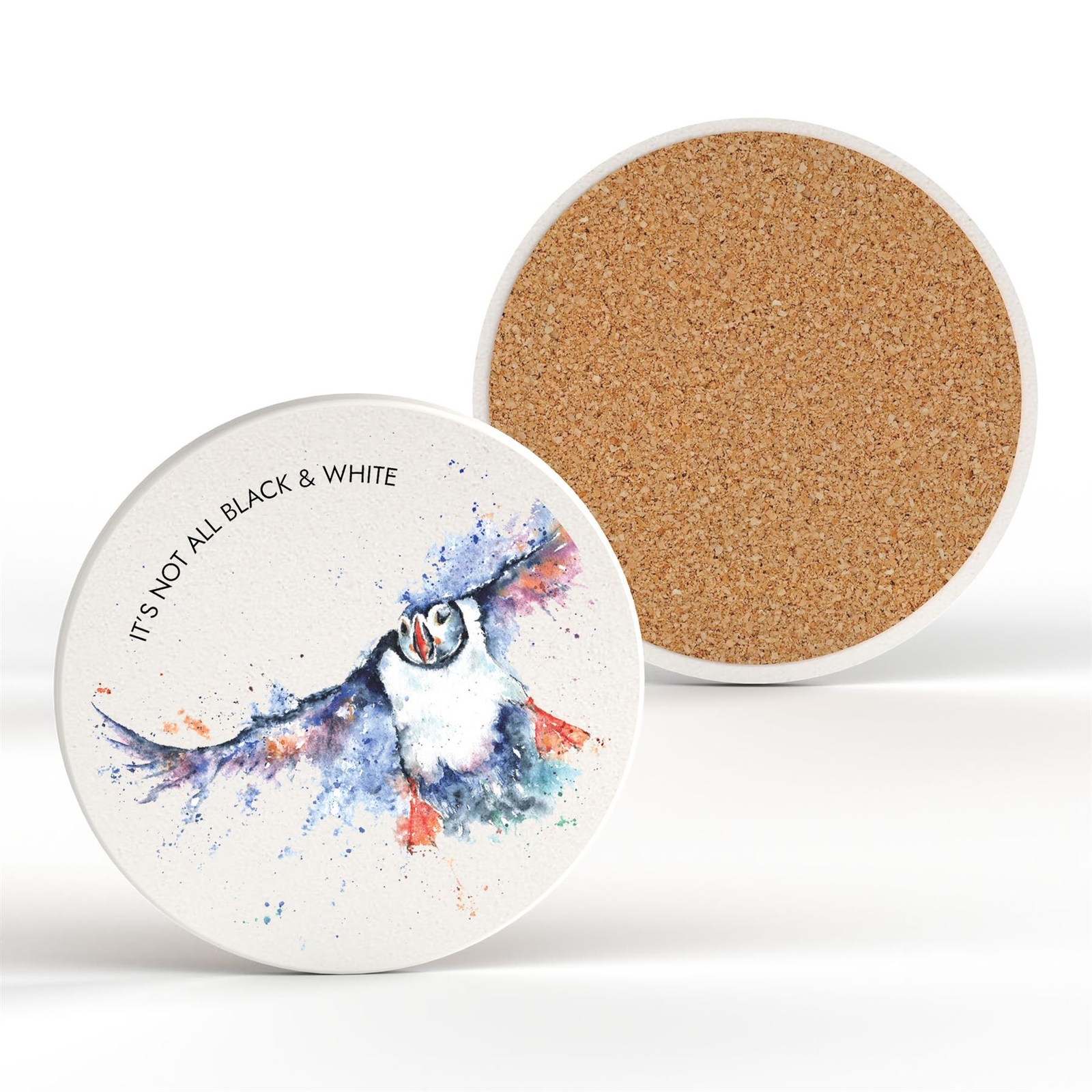 BLACK & WHITE PUFFIN SANDI MOWER WATERCOLOUR ARTWORK PRINTED ON CERAMIC COASTER