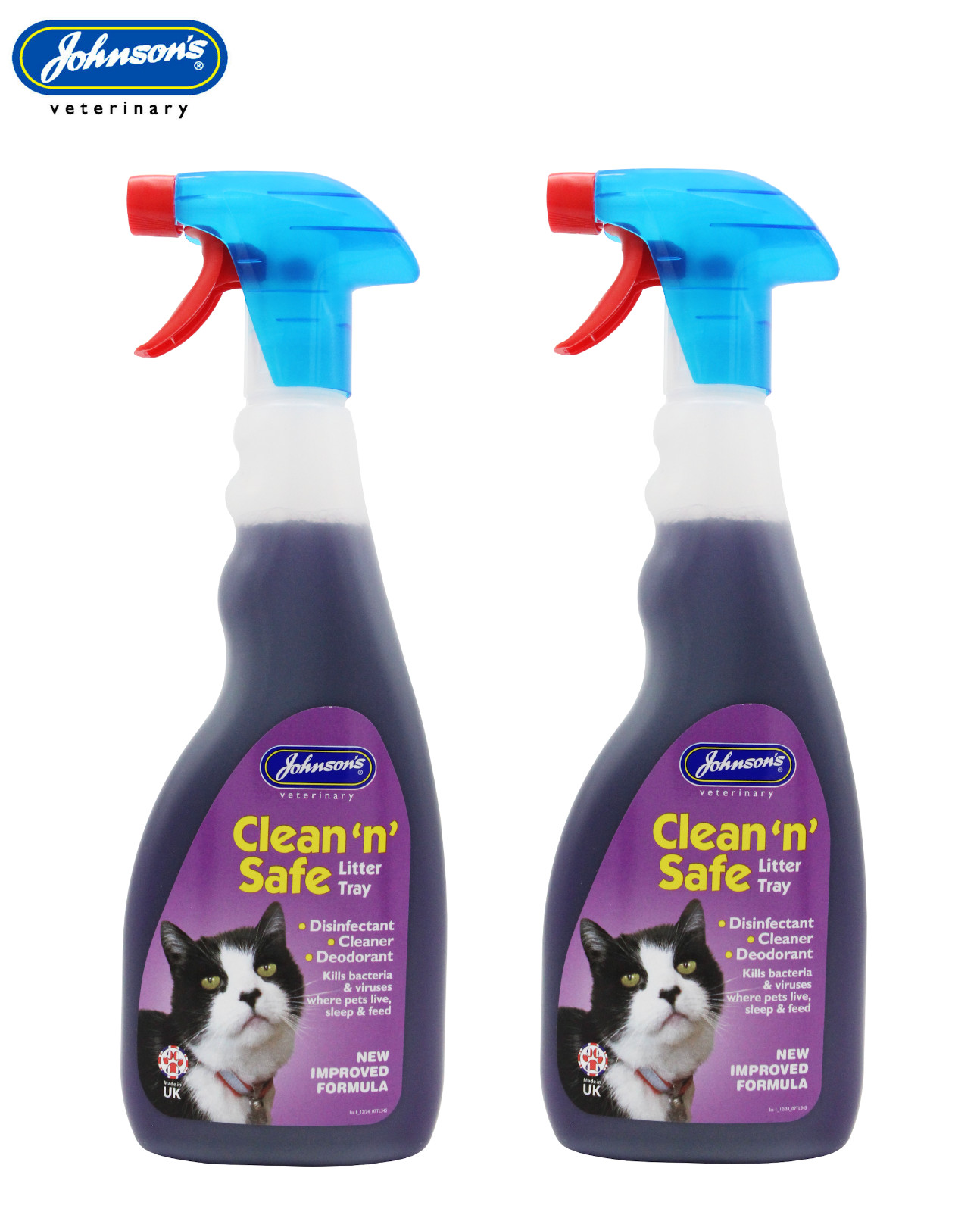 2X JOHNSONS CLEAN 'N' SAFE CAT LITTER TRAY DISINFECTANT CLEANING SPRAY 500ML
