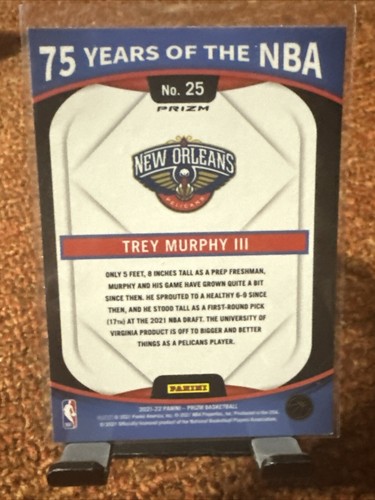 2021-22 Donruss Optic Trey Murphy III 75 Years Of The NBA Prizm RC #25-Pelicans - Picture 4 of 5