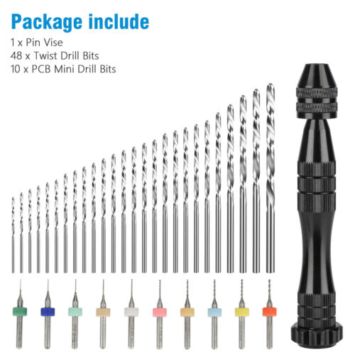 59Pcs Mini Micro Hand Twist Drill Bits Set Rotary Precision Pin Vise Tools Kit - Picture 13 of 21