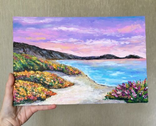 Meereslandschaft Gemälde Sonnenuntergang Maritim Ozean Kunstwerk Original Kalifornien Kunst 12×8" - Bild 3 von 7