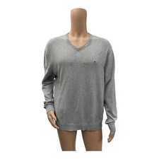 TOMMY HILFIGER Mens V Neck Cotton Jumper Grey XL