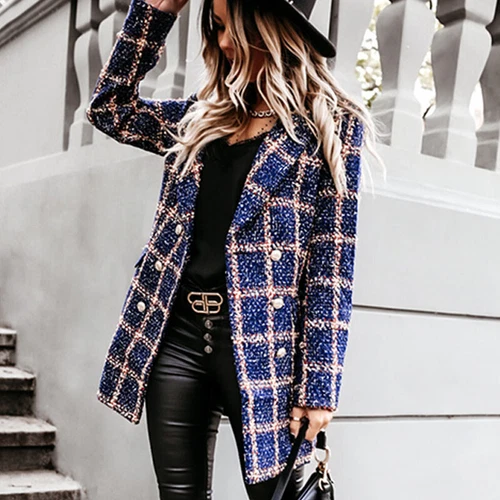 Women's Stylish Check Print Wool Blazer Coat Ladies Long Sleeve Collared Jacket - Picture 5 of 52