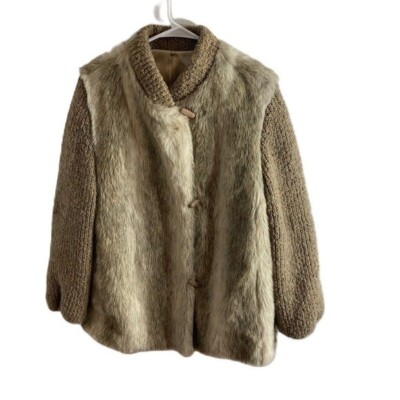 Vintage D Esprit Fur Coat Jacket Sz 14 Toggle Button Tan Cream Knit ILGWU Union