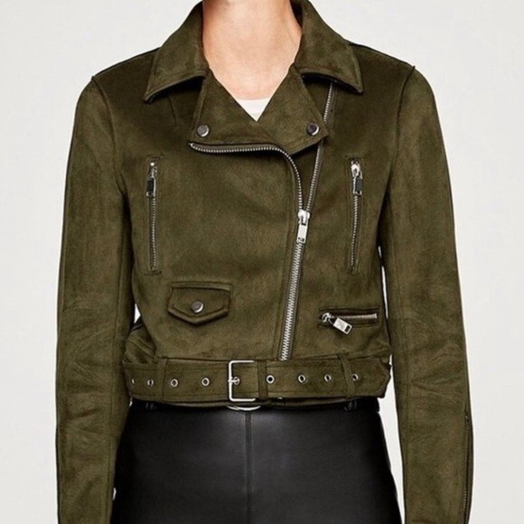 Women ZARA Suede Crop Belted Zipper Motorcycle Biker Jacket in Khaki