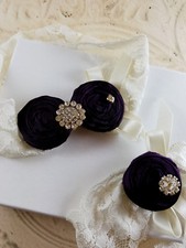 BRIDAL Wedding Garter Set, Lace HANDMADE Eggplant Rosettes Rhinestones Bows