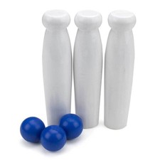 Milk Bottle Toss Carnival Game w/ 3 Blue Foam Balls & 3 White Wooden Bottles