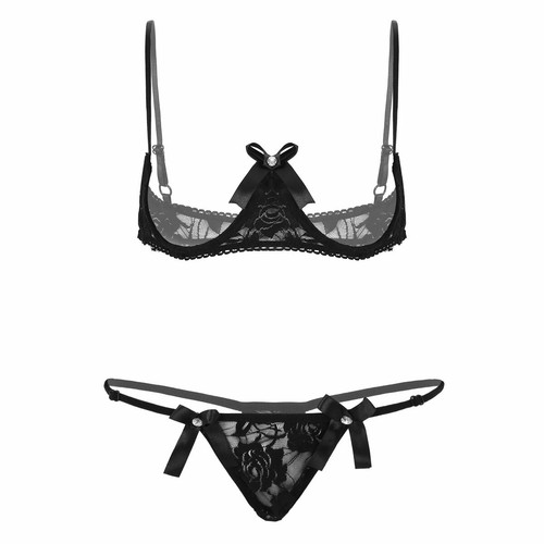 Damen Sexy BH Offene Brust Büstenhebe Spitze Sheer Bra mit Thong Unterwäsche Set - Picture 53 of 102