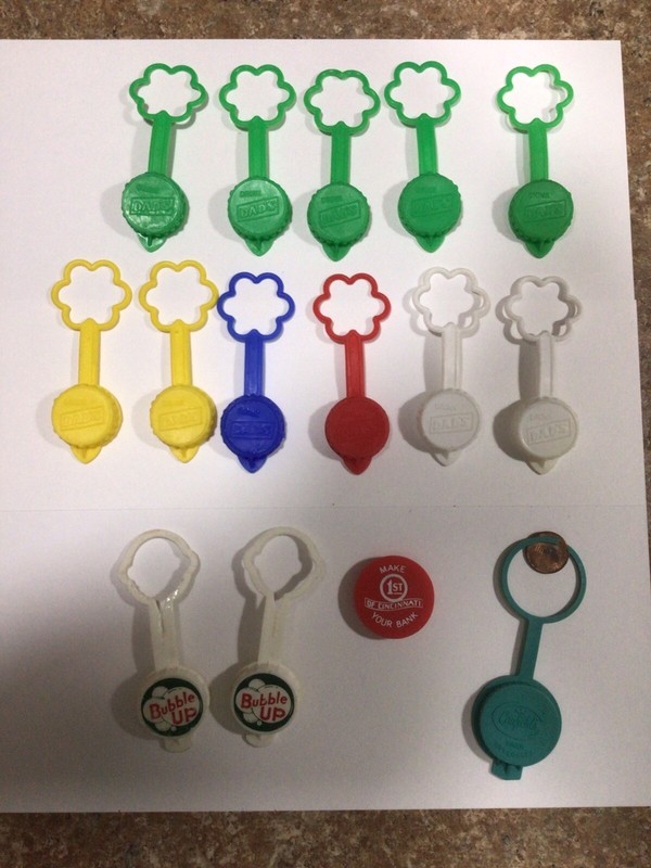 Vtg Reuseable Plastic Bottle Caps - Lot of 15  - 1st of Cincinnati Bank, Dad’s