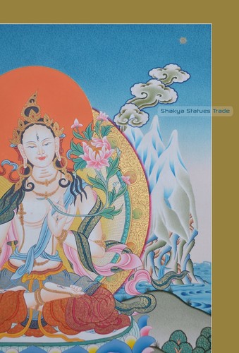 26" x 20.25" White Tara / Dolkar Tibetan Buddhist Thangka/Thanka Painting Nepal - Picture 5 of 6