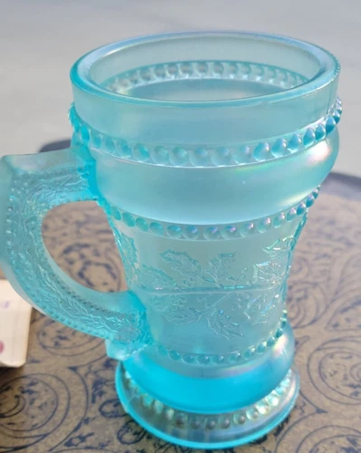 Vintage Summit Art Glass ice blue carnival glass Beaded Holly 4-1/4" Tall Mug