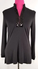 Talbots Women Knit Top Size PS Black Sequin Paisley V-Neck Hook Closure Neckline