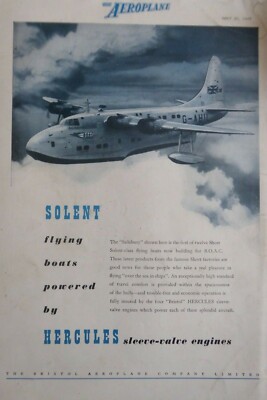 5/1947 PUB BRISTOL HERCULES ENGINE SHORT SOLENT SALISBURY BOAC FLYING BOAT AD