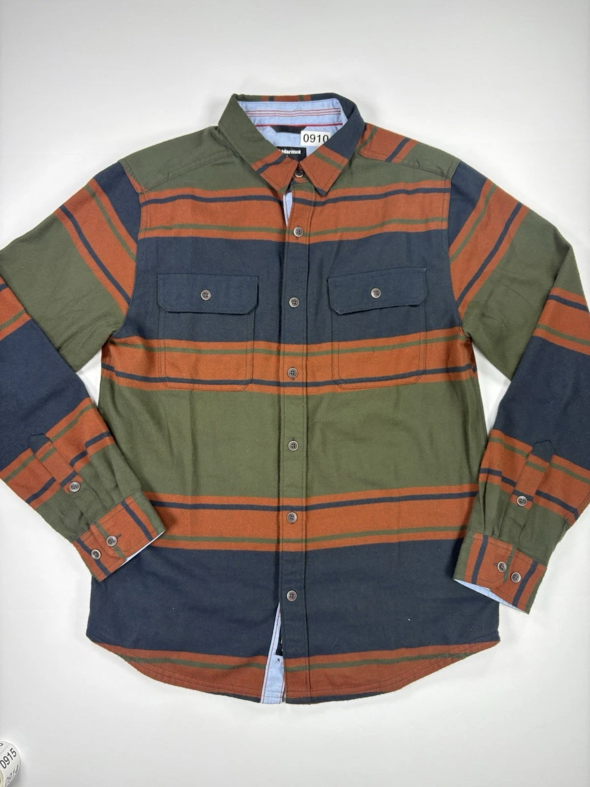 Marmot Mens Medium Flannel Shirt Green Orange Stripe Cotton Blend Outdoor