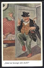 Late returnee sneaks into bedroom, postcard