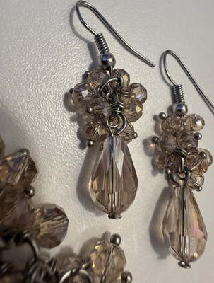 Champagne Crystal Rhinestone Silver Tone Bracelet & Teardrop Drop Earrings Set