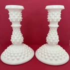 Set of 2 Vintage Fenton Hobnail Milk Glass Candlestick Holders 6” x 4.25” READ