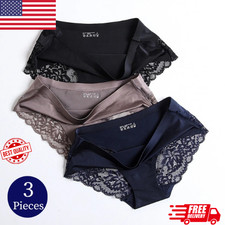 3PCS Women Lace Satin Panties Set Breathable Soft Underwear Plus Size Brief USA