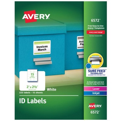 Avery ID Labels Sure Feed Permanent Adhesive 2''x2-5/8'' 5 Packs 6572
