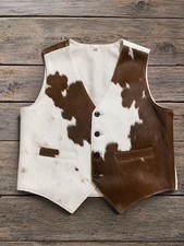 Mens Leather Vest in Cowhair Leather Brown White Vest hair on