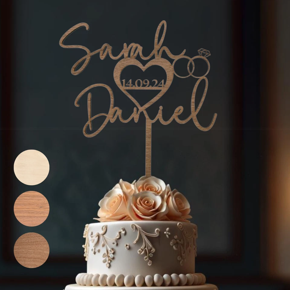 Cake Topper Hochzeit Personalisiert Walnuss, Mahagoni oder Linde Holz - Tortenst - Bild 3 von 4