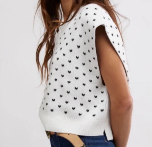 FREE PEOPLE East Street Knit Vest Ivory Black Graphic Oversized Preppy SMALL - Picture 7 of 13