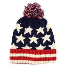 Kids Knit Beanie With Pom Pom  American Flag Stars Acrylic Winter Bobble Hat