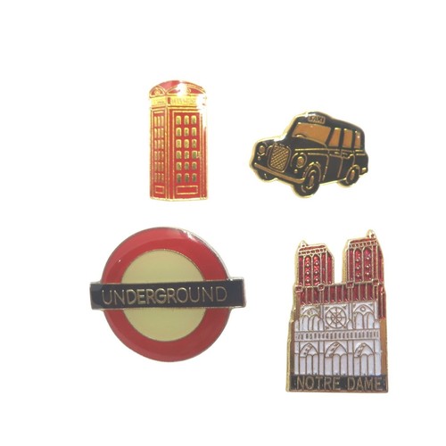 Vintage London Paris Enamel Pin Set Underground Taxi Phone Booth Notre Dame