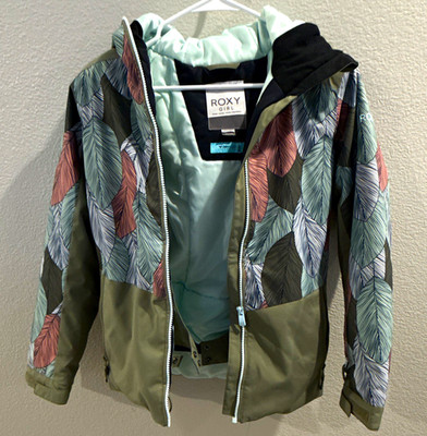 Roxy Girl Girls Hooded Insulated Ski Jacket Zip Green Floral Multicolor 12 L
