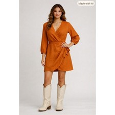 Express Linen Blend Mini Dress Womens XS Burnt Orange Cottagecore Boho Faux Wrap