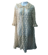 1940s Vintage Ivory Entire Lace Round Collar Pearl Button Robe / House Coat MED