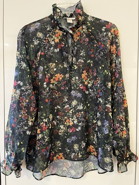 H&M - Dark green with floral Chiffon long slved Blouse Sz 8-10 EXC