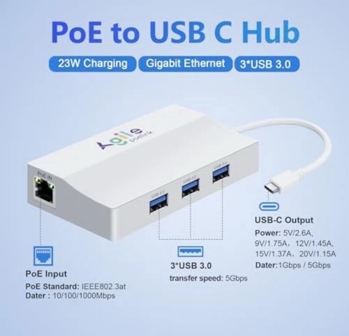 Hub da PoE a USB C, Adattatore Multiporta da USB-C a Ethernet Plug & Play, 5 in 1 - Foto 2 di 7